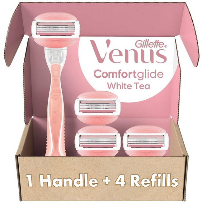 질레트 비너스 컴포트글라이드 화이트 티 여성용 면도기 손잡이 + 칼날 리필 4개