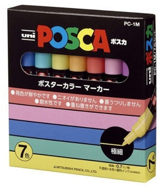 유니 포스카 PC-1M 세트 수성페인트마카 얇은 글씨용 패키지변경, PC-1M 7C 파스텔, 1세트, 7색