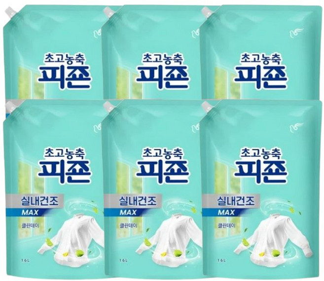 피죤 초고농축 실내건조 섬유유연제 MAX 클린데이, 1.6L, 6개