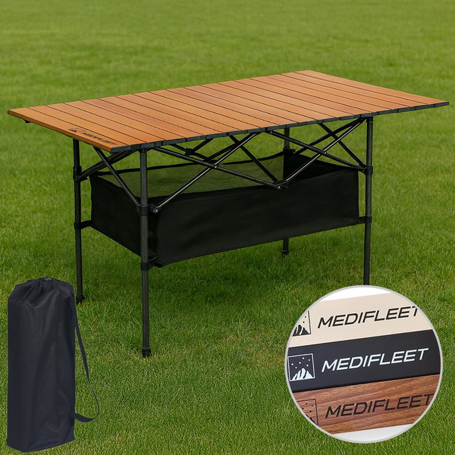 메디플릿 접이식 롤업 아웃도어 경량 캠핑 대형 테이블 수납 주머니 포함, 우드