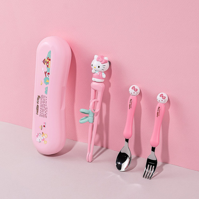 홈앤키즈 더스틱 맥스 젓가락 스푼포크 케이스 4P세트 헬로키티 오른손용 1단계 교정젓가락 교정용젓가락 유아 아동 어린이 수저세트 단체선물, 더스틱 맥스 젓가락 스푼포크케이스4P세트 헬로키티, 1개