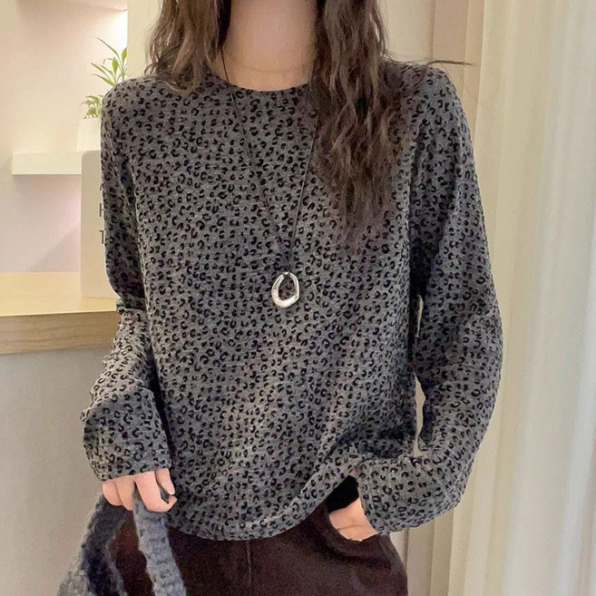 쌍천 기모 호피 라운드 여 가을 겨울 기모 티셔츠 상의 W26011719