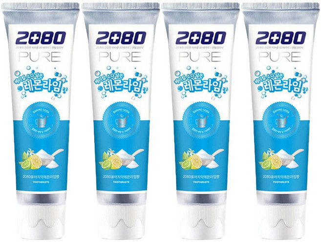 2080 퓨어 베이킹소다 싱그러운 레몬라임향 치약 125g, 4개