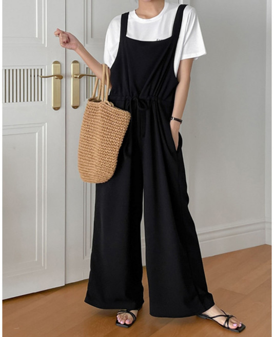 마이쏭 여성 빅사이즈 멜빵바지 통바지 럭스스트링와이드점프수트