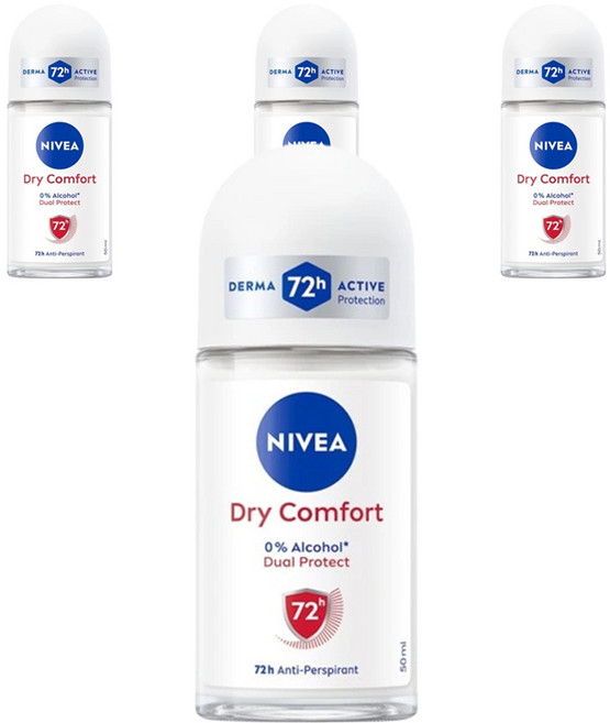 니베아 데오드란트 롤온 드라이 컴포트 여성용 50ml 72시간 지속 보송함, 4개