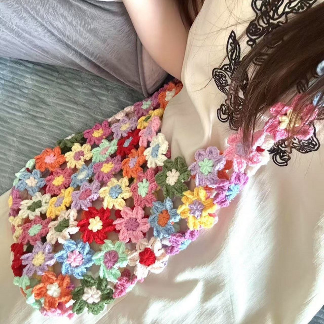 Radearl 수공예 뜨개질 무지개 반짝이 조각 조합 레이스 단일 어깨 가방 DIY 재료 가방 직접 만든 대형 가방 여자친구 선물, DIY 뜨개 가방 키트 1번, 1개