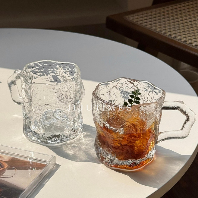 INS風帶把手玻璃杯 咖啡杯 牛奶杯 果汁杯 水杯 早餐杯, 樹皮把杯 - 200ML 2只裝, 1套