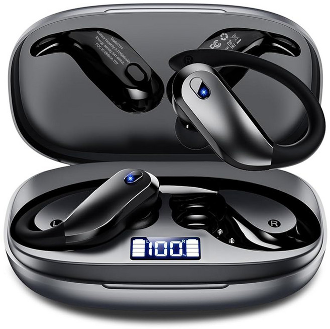 KTGEE 무선 블루투스 5 3 폰 스포츠 이어훅이 장착된 IPX7 방수 이어폰 48시간 플레이타임 경량 7 8g 고속 충전 케이스 헬스장 운동용 노이즈 캔슬링 마이크 그레이