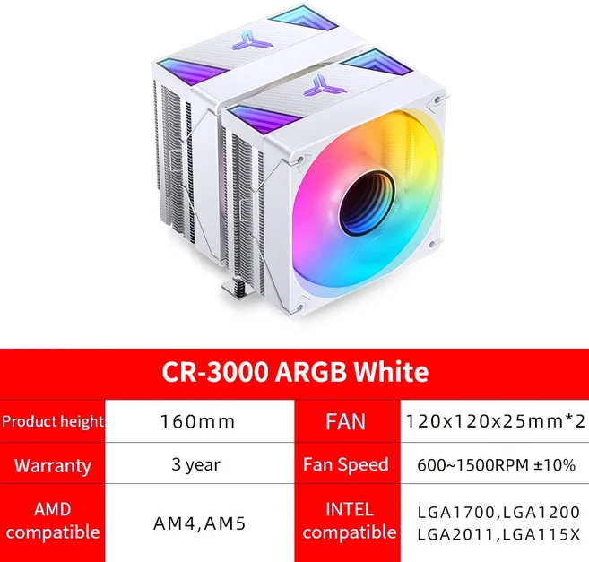 Jonsbo CR-3000 7 히트 파이프 듀얼 타워 CPU 쿨러 5V 3 핀 ARGB 12cm 무음 팬 CPU 공랭식 쿨러 LGA1700, 01 CR3000 ARGB W, 01 AS Show, 01 없음 RGB
