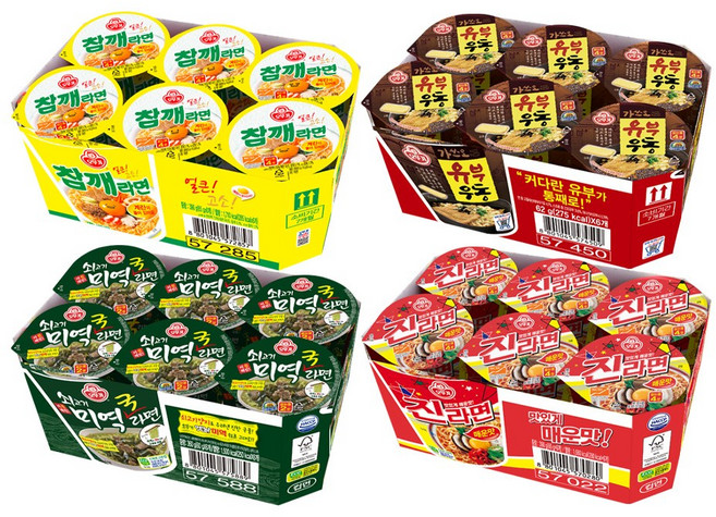 오뚜기 쇠고기미역국라면 컵 60g 6개+진라면 매운맛 컵 65g 6개+참깨라면 컵 65g 6개+유부우동 컵 62g 6개(총 24개), 24개