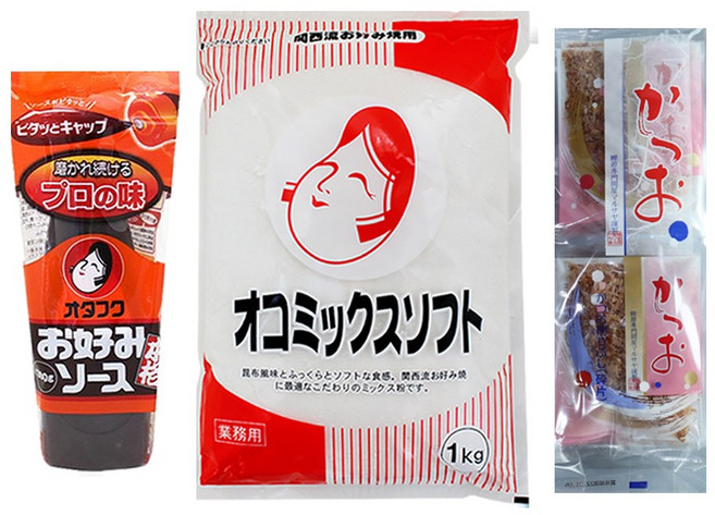 오코노미야끼 재료 모음 세트 - 오타후쿠 오코노미야키 소스 + 오코믹스 파우더 + 마루사야 하나 가쓰오부시, 1세트, 30g