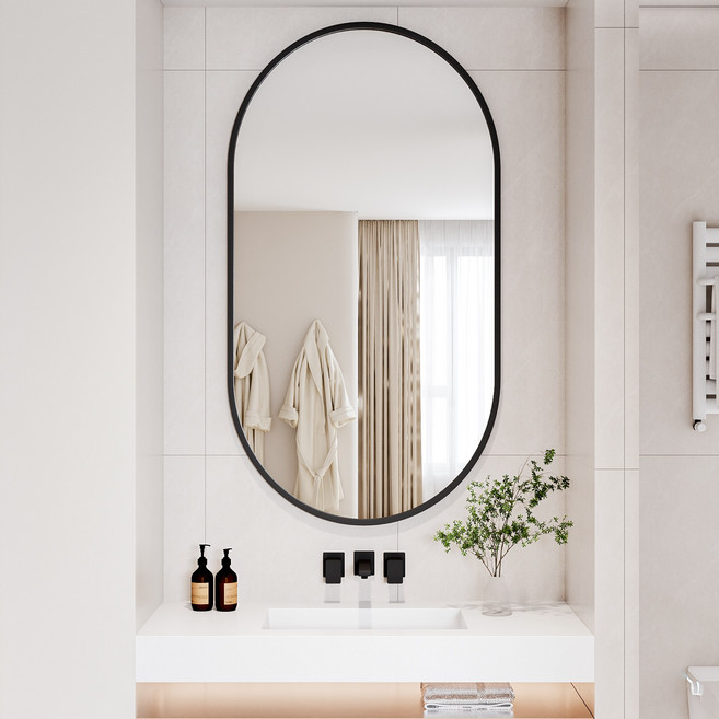 뷰티피크 타원형 벽거울 화장대거울 욕실거울 강화안전유리, 블랙56cm