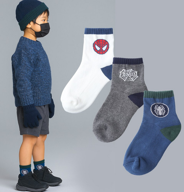 코지24 국산 마블 스파이더맨 겨울 아동양말 3켤레 세트 두꺼운 반파일 겨울 양말