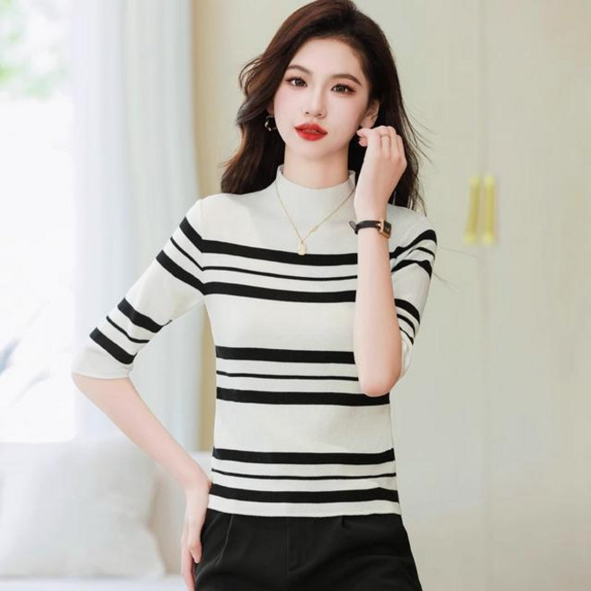 패션 여성 반팔 반폴라 이너티셔츠 스트라이프 니트 여자 반폴라티 반팔 봄 가을 여성용 반팔 니트티 LCC