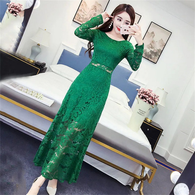 TKX 섹시한 레이스 긴팔 롱원피스 여성 봄 가을 파티 연말 모임룩 매력적인 라운드넥