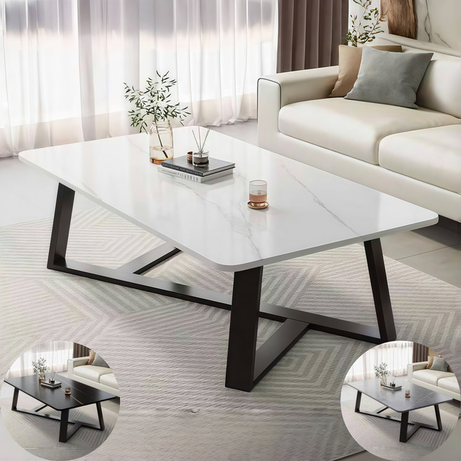 YAPOGI 유럽풍 가정용 대리석 무늬 우드 모조 세라믹 거실 테이블 수동 설치, 흰색