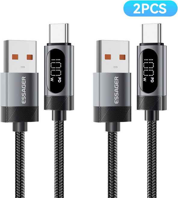 ESSAGER 디스플레이 QC USB A타입 to 7A 100W C타입 고속 충전 케이블 2개입, 2개, 회색, 1m