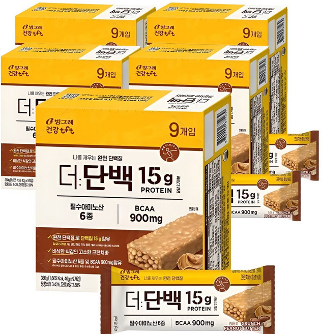 빙그레 더단백 단백질바 프로틴 크런치바 피넛버터(40g 9개입), 360g, 5세트