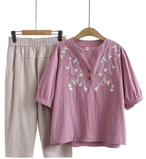 빅사이즈 중년여성 여름 면 루즈핏 반팔티 밴딩 배기 9부 바지 팬츠 상하의세트 엄마룩