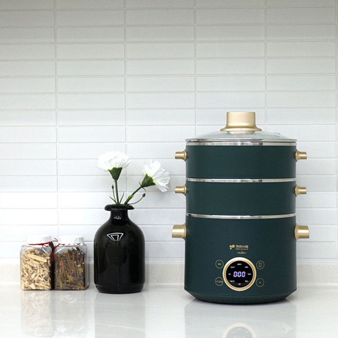 키친아트 2단 찜기 겸용 쿠커 전골 찜 멀티쿠커 2종 택 1, 딥그린+우드