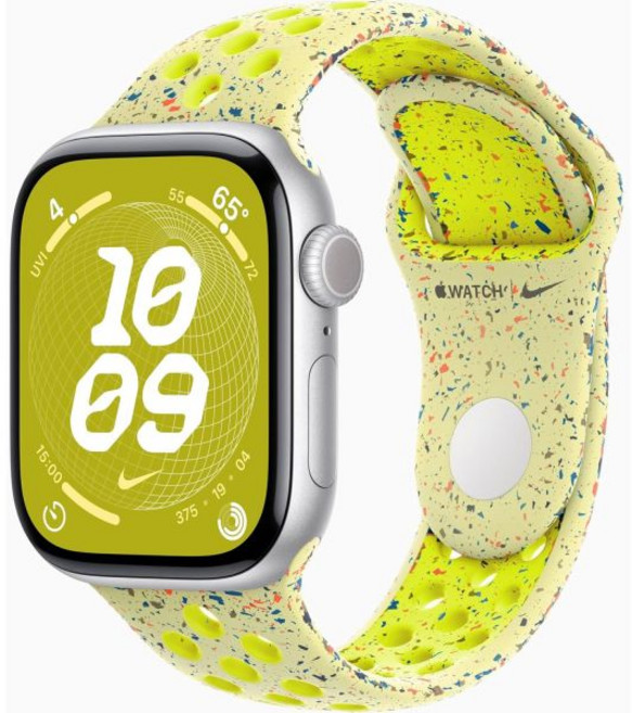 스마트워치 연동 멀티 어플 Apple Watch 시리즈 10 GPS 셀룰러 46mm - 볼트 스플래시 나이키 스포츠 밴드가 장착된 실버 알루미늄 케이스 M/L 리퍼