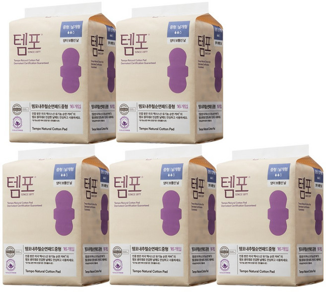 템포 생리대 유기농 중형, 16매입, 5개