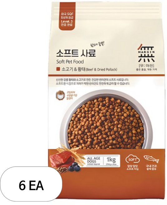 무마진 생후 3개월 이상 강아지 소프트사료, 황태+소, 1kg, 6개