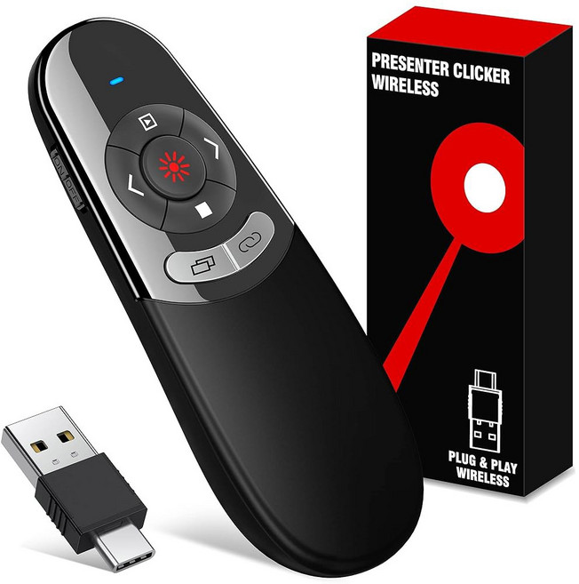 2 in 1 USB 타입 C 충전식 프레젠테이션 클리커(그린 포인터 포함) 파워포인트 프레젠테이션용 무선 PPT 클리커 컴퓨터 맥북용 2.4GHz 원격 슬라이드 어드밴스터, 6 X232-2in1 USB TYPE C, Red-Type C, 1개