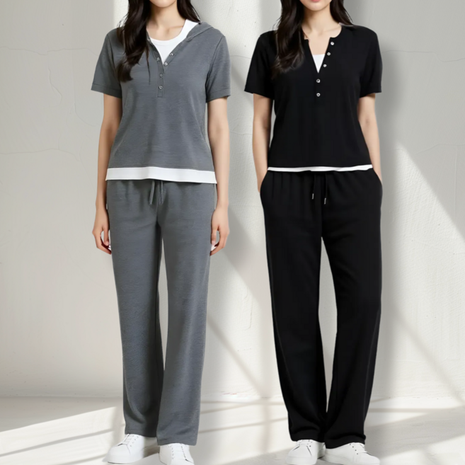 인방사 여성 트레이닝복 반팔 후드 레이어드 상하의 세트