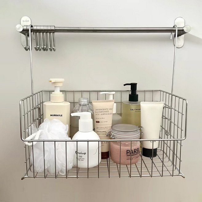 무타공 욕실선반 스테인리스 바스켓 벽걸이 대용량 수납 정리대, 1개, 실버