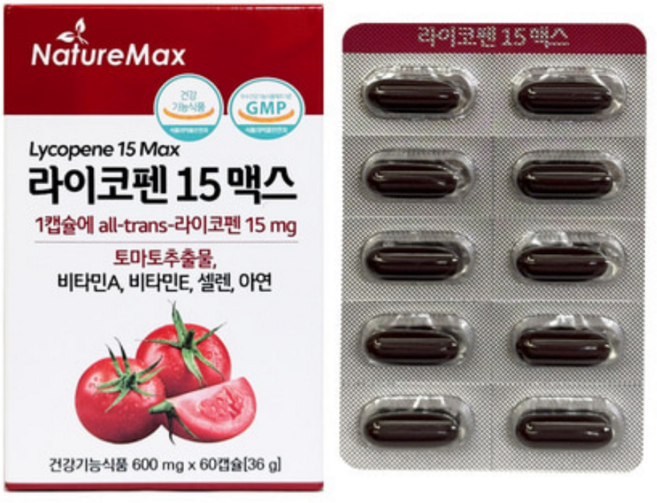 네이처맥스 라이코펜 15 맥스 식약처 최대함량 15mg 리코펜 식물성캡슐 엑스트라버진 올리브유 함유, 60개, 1정