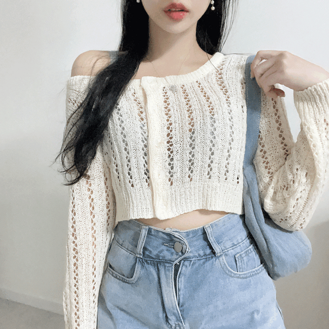 [여리핏~!/모델소장] 덴토 스카시 크롭 그물 니트 가디건 (4color)