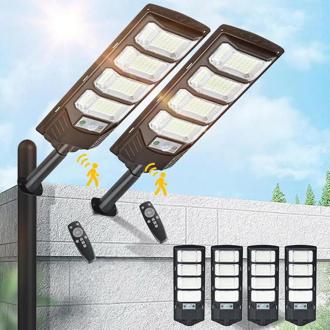 태양등 2팩 태양광 가로등 실외 방수 6500K 12000LM 5730SMD LED 홍수등 황혼부터 새벽까지 주차장 조명 광폭 센서 지역 야드 원격 제어, D4-200w-4packs