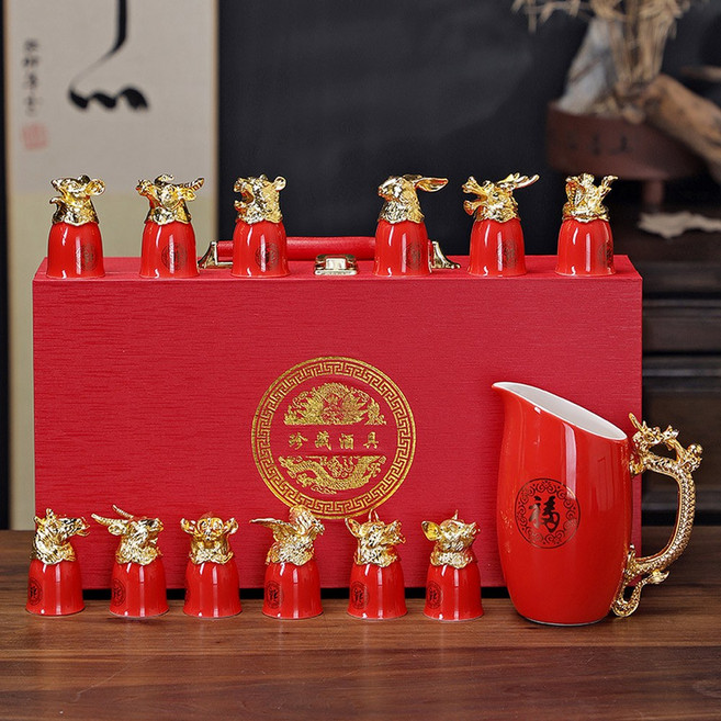 고량주잔 술 수정방 술잔세트 스트레이트 순홍색 다이아 연태주 술수정방 고량주, 레드 기프트 골드 차이나 레드, 1개