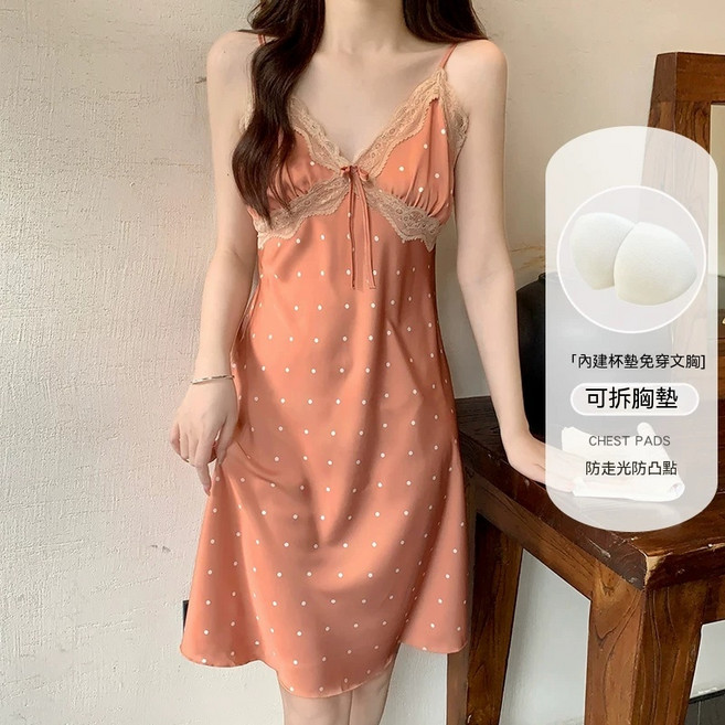 冰絲蕾絲小波點吊帶睡裙