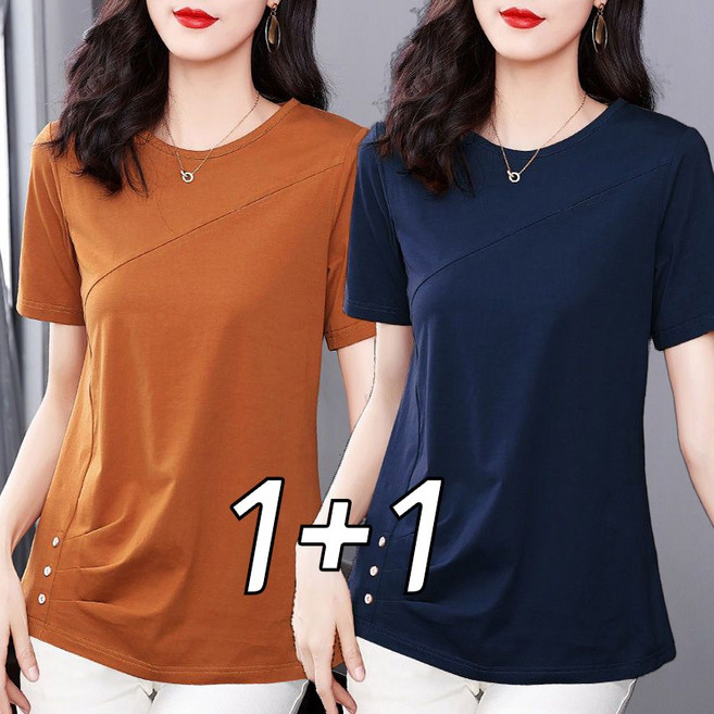 1+1 중년 여성용 슬림핏 라운드 반팔 티셔츠 편한 셔링 40대 50대 롱티 상의 엄마옷