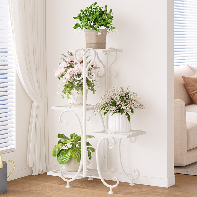 철제 화분 선반 다층 스탠드 베란다 거실 다육이 정리대 계단식 수납, 4단, 화이트