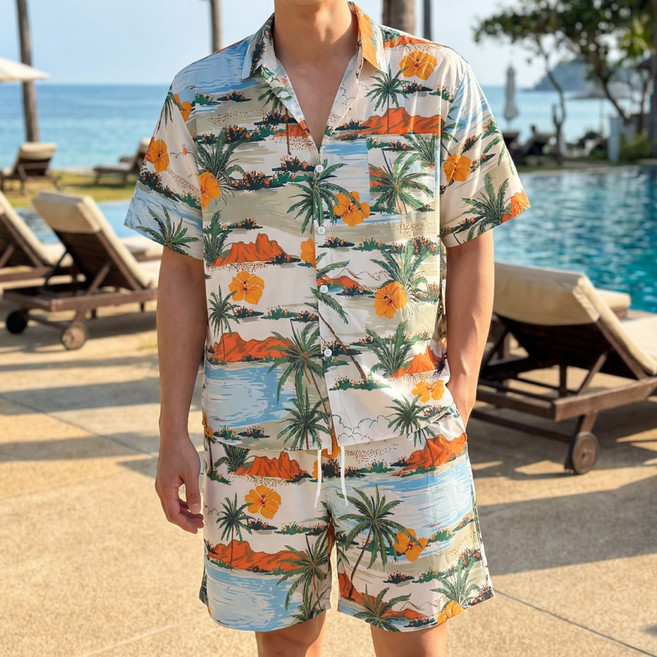 루크 남성 여름 루즈핏 하와이안 반팔 셔츠 반바지 세트 남자 트로피컬 포켓 남방 밴딩 반바지 셋업 바다 해변 휴가 휴양지 바캉스 신혼 여행룩