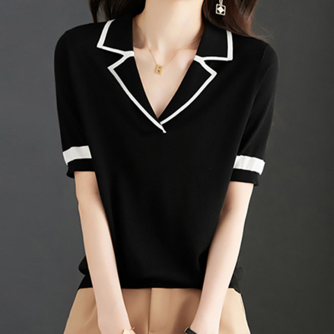 레일라 샌디 배색 카라넥 반팔 니트 티 S250711SM-1