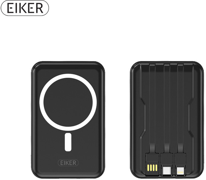 EIKER 맥세이프 마그네틱 유무선 겸용 미니 일체형보조배터리 10000mAh 4 color, 블랙