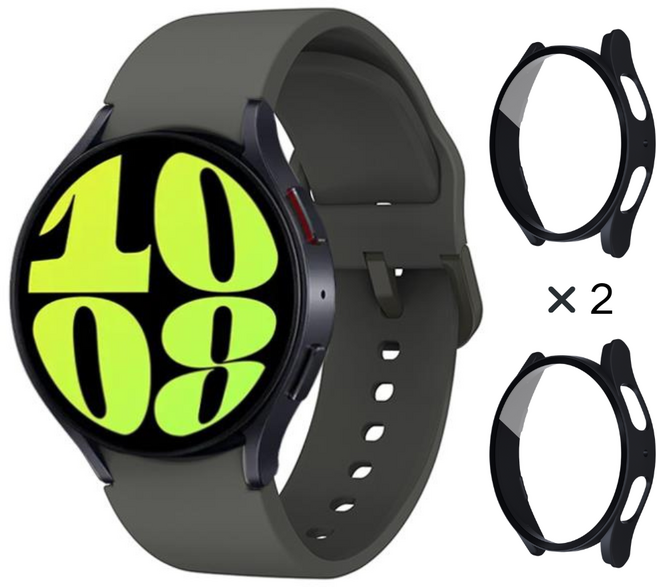 갤럭시워치 호환 8 7 6 5 4 스포츠 실리콘 스트랩 + 보호 PC강화유리 풀커버 케이스 2개입, 우주 회색/블랙