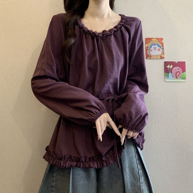 여성용 빅사이즈 데일리 블라우스 봄가을 캐주얼 셔츠 주름 소매 허리라인 셔츠