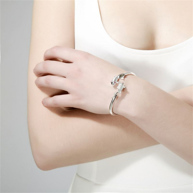 besteffie 여성 은팔찌 물고기 포인트 큐빅 뱅글 팔찌 여름 팔찌 K89