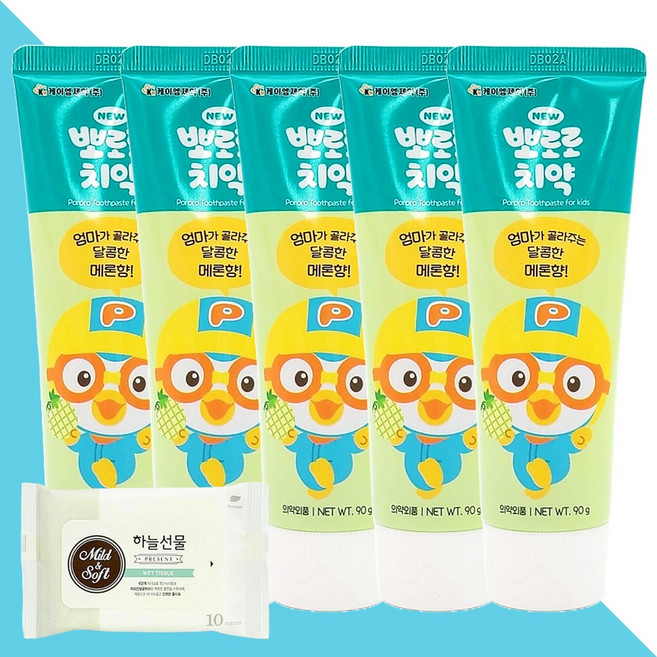 뉴 뽀로로 치약 메론향 90g 5개(+하늘선물 물티슈 10매), 01 뽀로로 치약 메론향 90g 5개