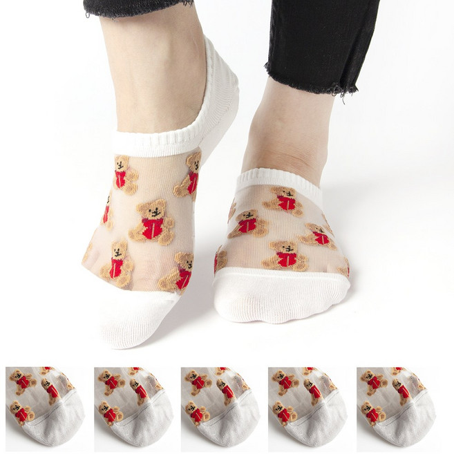 여성 여름 곰돌이 망사 시스루 덧신 양말 페이크삭스 5켤레 세트