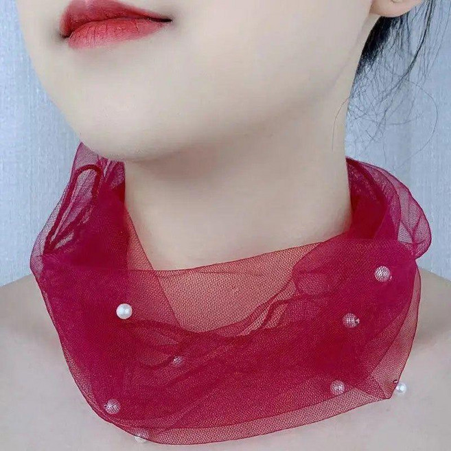 超值 防曬面紗女春夏薄款絲巾網紗蕾絲珍珠純色百搭時尚髮帶護頸脖套 副廠商品