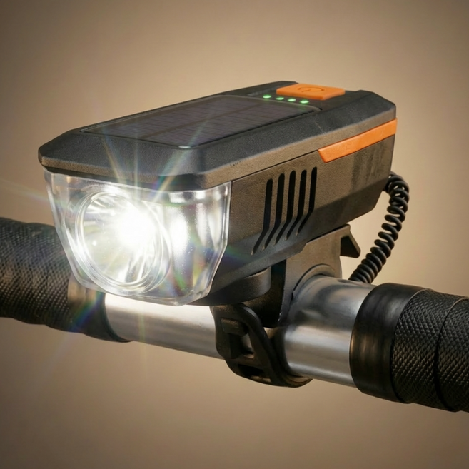 몬스터 자전거라이트 전조등 후레쉬 태양광충전 전자벨 겸용, 1개, 오렌지