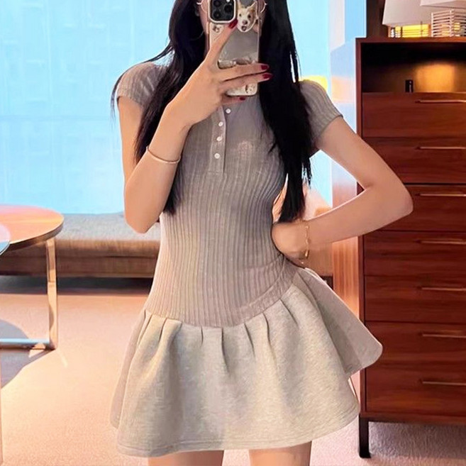 홍언목요 폴로넥 반팔 원피스 여성 미니원피스 여름 패치워크 슬림핏 스쿨룩 원피스