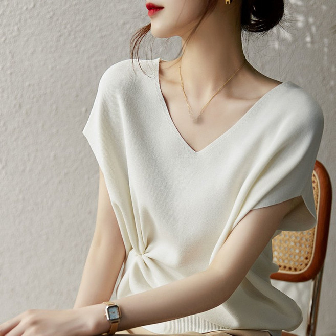 미중 여성 여름 뉴 냉장고 니트 박시 날씬 기질 가오리 슬리브 자외선 차단 얇은 브이넥 반팔 cxyf