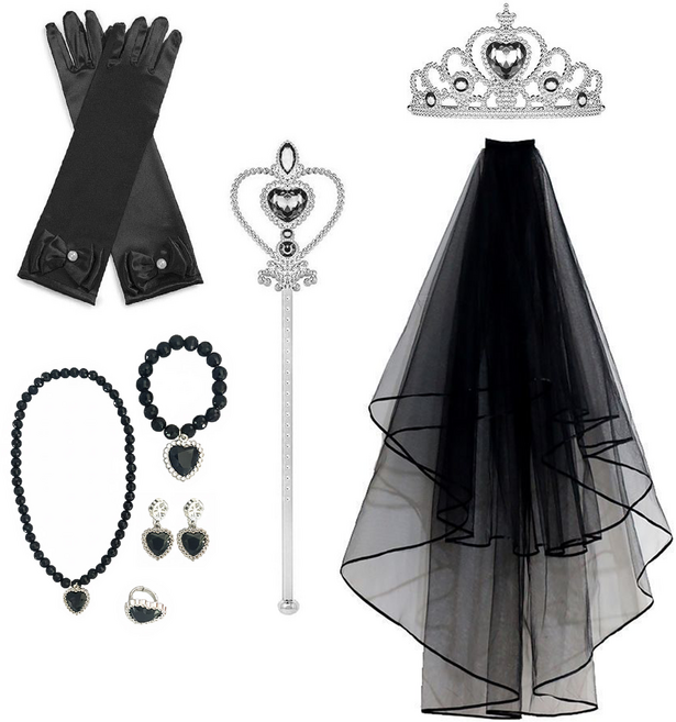 [청춘교복] 공주세트 8종 브라이덜샤워 셀프웨딩 생일 축하 파티 연말 선물 소품 프린세스 코스튬 주얼리 왕관 요술봉 면사포 베일 목걸이 액세사리, 1개, 블랙
